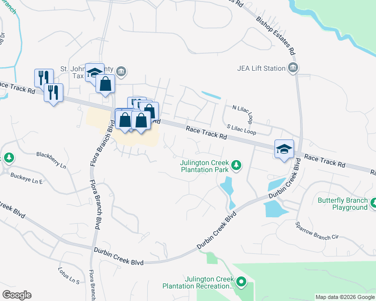 map of restaurants, bars, coffee shops, grocery stores, and more near 956 Buttercup Drive in Saint Johns