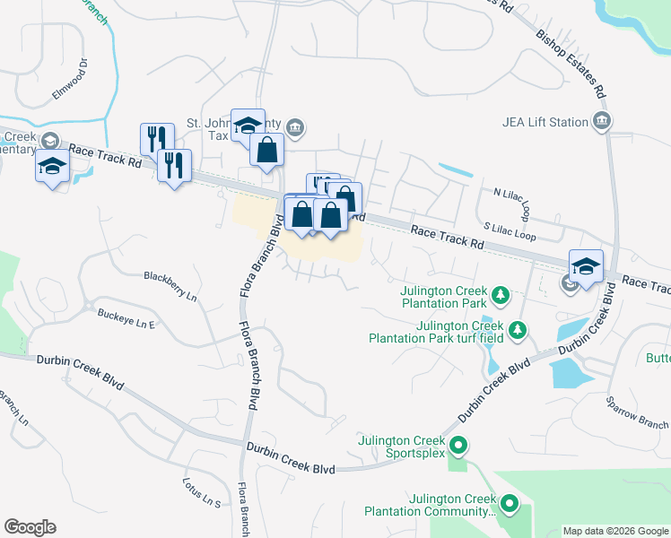 map of restaurants, bars, coffee shops, grocery stores, and more near 145 Southern Bridge Boulevard in Jacksonville