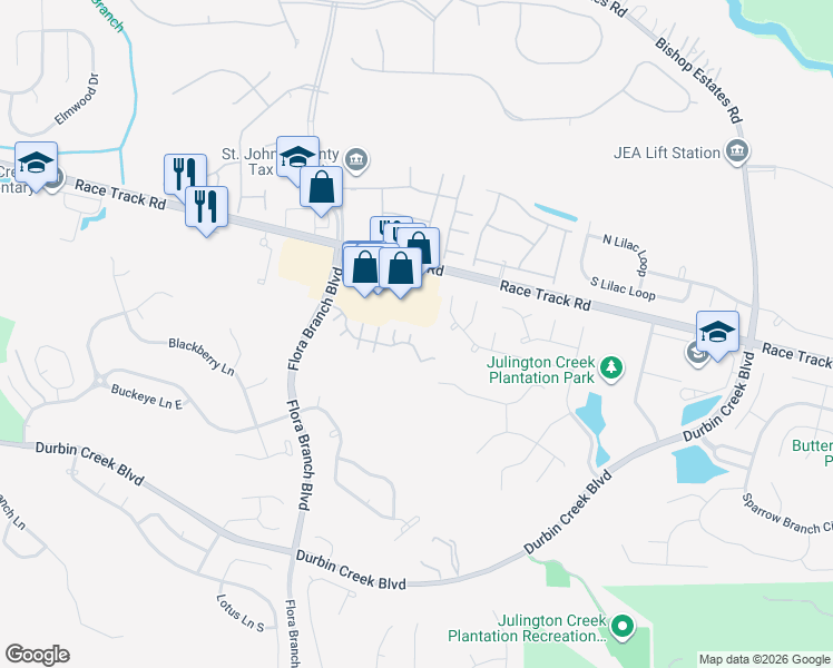map of restaurants, bars, coffee shops, grocery stores, and more near 160 Southern Bridge Boulevard in Jacksonville