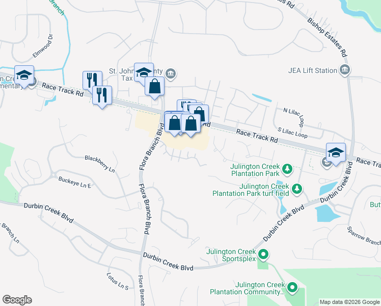 map of restaurants, bars, coffee shops, grocery stores, and more near 145 Southern Bridge Boulevard in Jacksonville