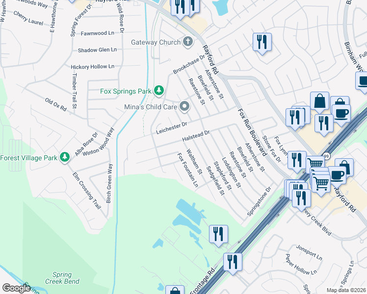 map of restaurants, bars, coffee shops, grocery stores, and more near 29211 Fox Fountain Lane in Spring
