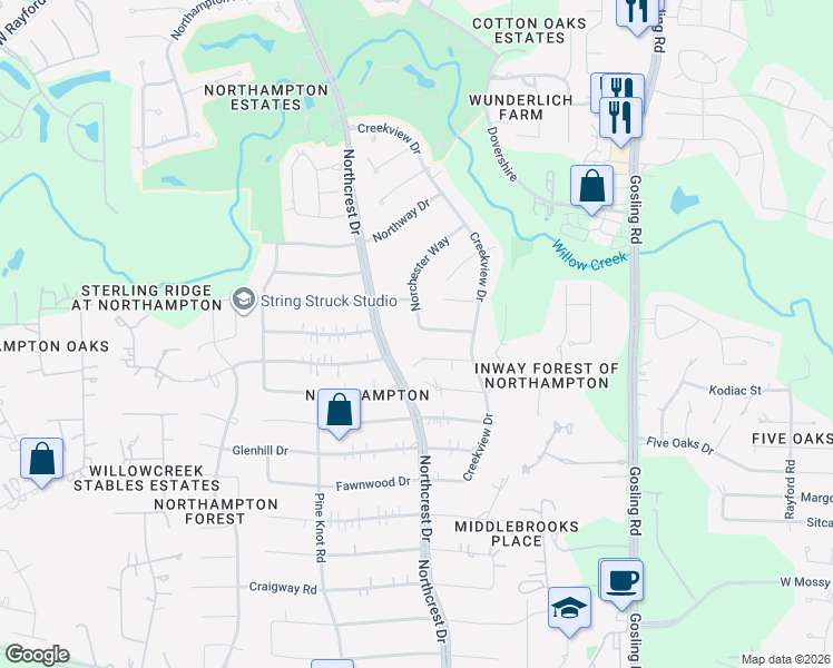map of restaurants, bars, coffee shops, grocery stores, and more near 24111 Norchester Way in Spring