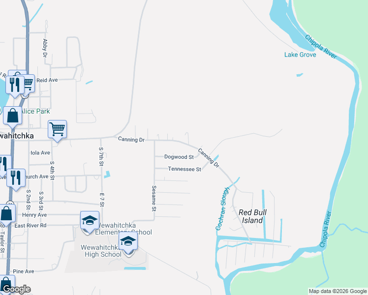 map of restaurants, bars, coffee shops, grocery stores, and more near 455 Canning Drive in Wewahitchka
