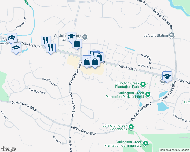 map of restaurants, bars, coffee shops, grocery stores, and more near 2750 Race Track Road in Fruit Cove