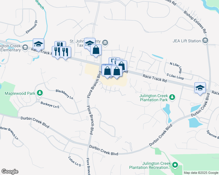 map of restaurants, bars, coffee shops, grocery stores, and more near 2750 Race Track Road in Fruit Cove