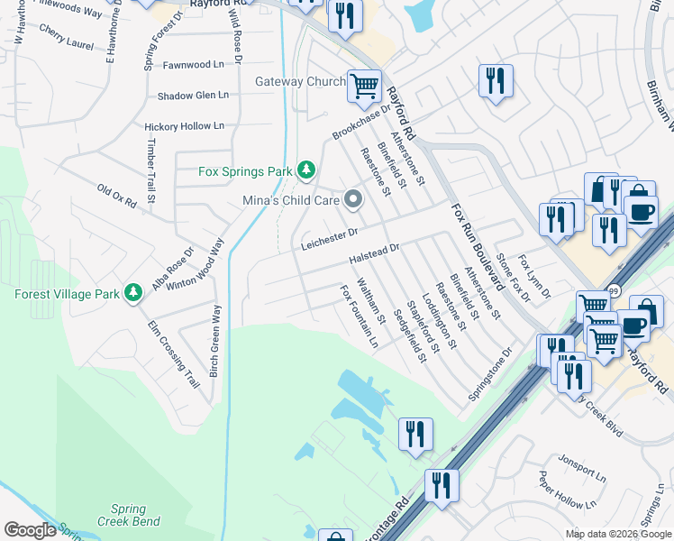 map of restaurants, bars, coffee shops, grocery stores, and more near 2539 Halstead Drive in Spring