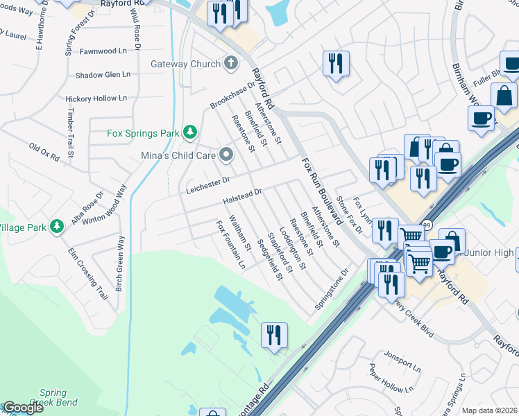 map of restaurants, bars, coffee shops, grocery stores, and more near 29214 Loddington Street in Spring