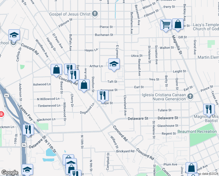 map of restaurants, bars, coffee shops, grocery stores, and more near 2410 Primrose Street in Beaumont