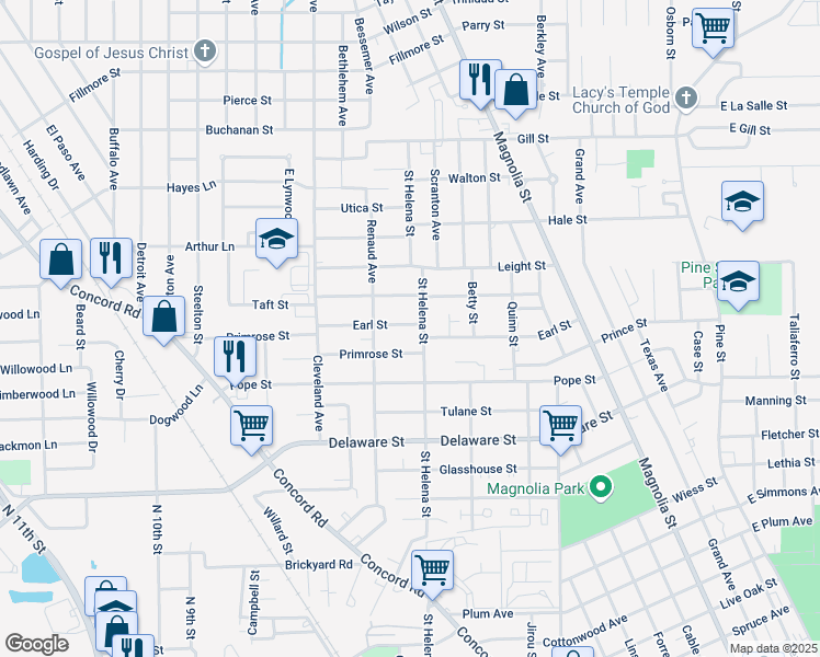 map of restaurants, bars, coffee shops, grocery stores, and more near 2029 Earl Street in Beaumont