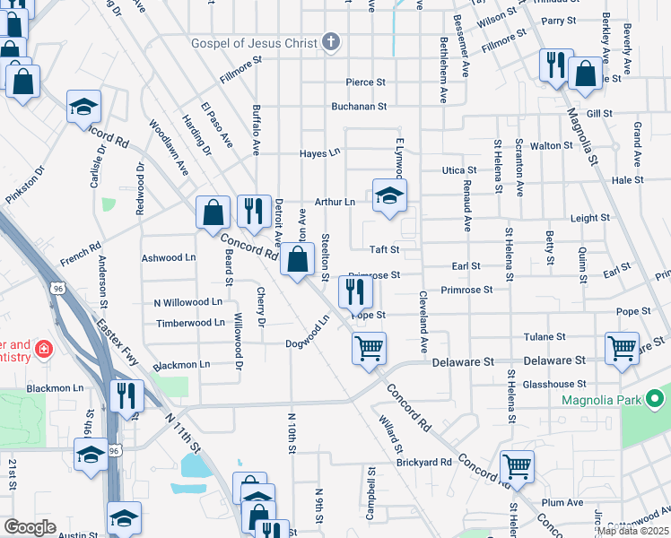 map of restaurants, bars, coffee shops, grocery stores, and more near 3620 Steelton Street in Beaumont