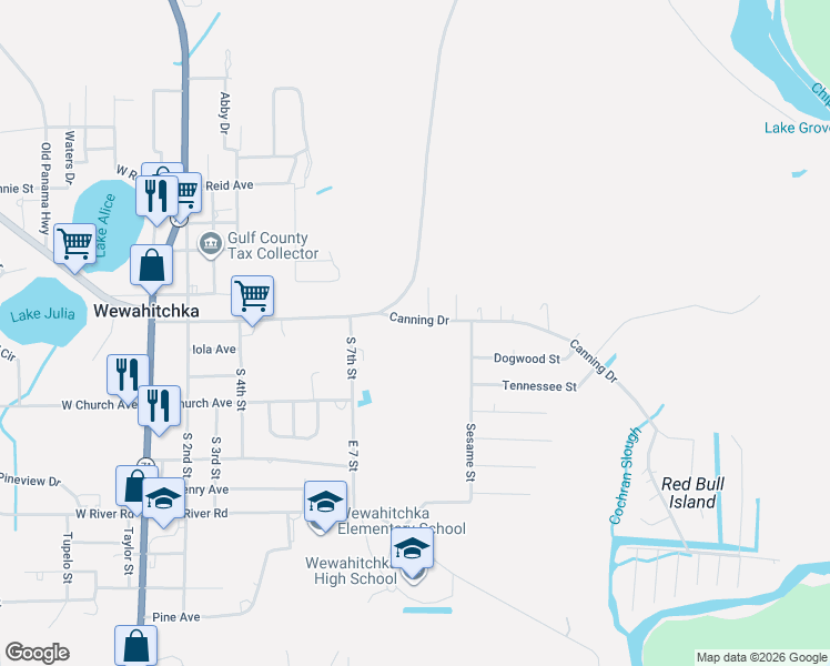 map of restaurants, bars, coffee shops, grocery stores, and more near 160 Canning Drive in Wewahitchka