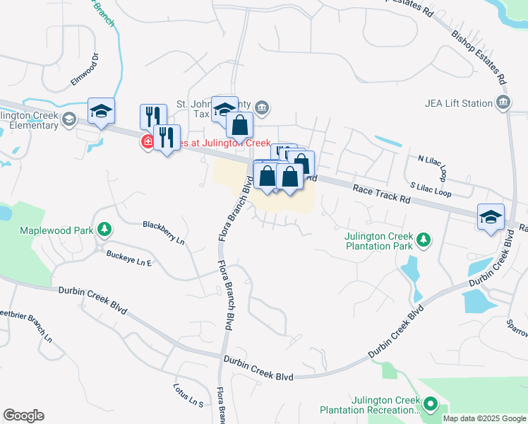 map of restaurants, bars, coffee shops, grocery stores, and more near 110 Southern Bridge Boulevard in Jacksonville