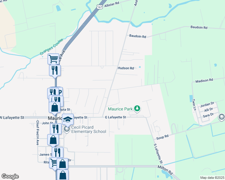 map of restaurants, bars, coffee shops, grocery stores, and more near 8533 Cat Road in Maurice