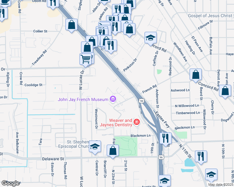 map of restaurants, bars, coffee shops, grocery stores, and more near 3155 French Road in Beaumont