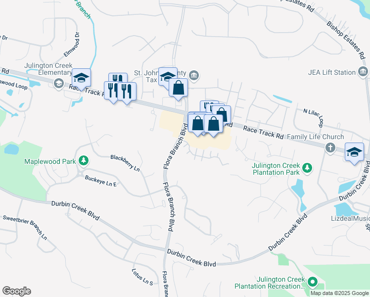 map of restaurants, bars, coffee shops, grocery stores, and more near 205 Long Bridge Road in Jacksonville