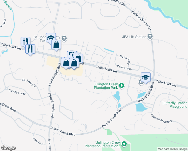 map of restaurants, bars, coffee shops, grocery stores, and more near 1385 Shootingstar Lane in Jacksonville