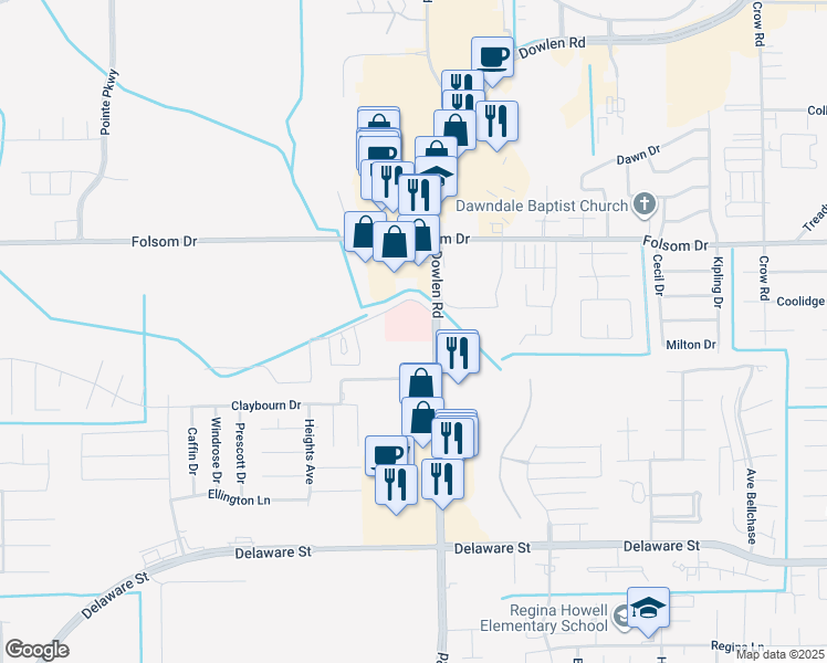 map of restaurants, bars, coffee shops, grocery stores, and more near 3625 Dowlen Road in Beaumont