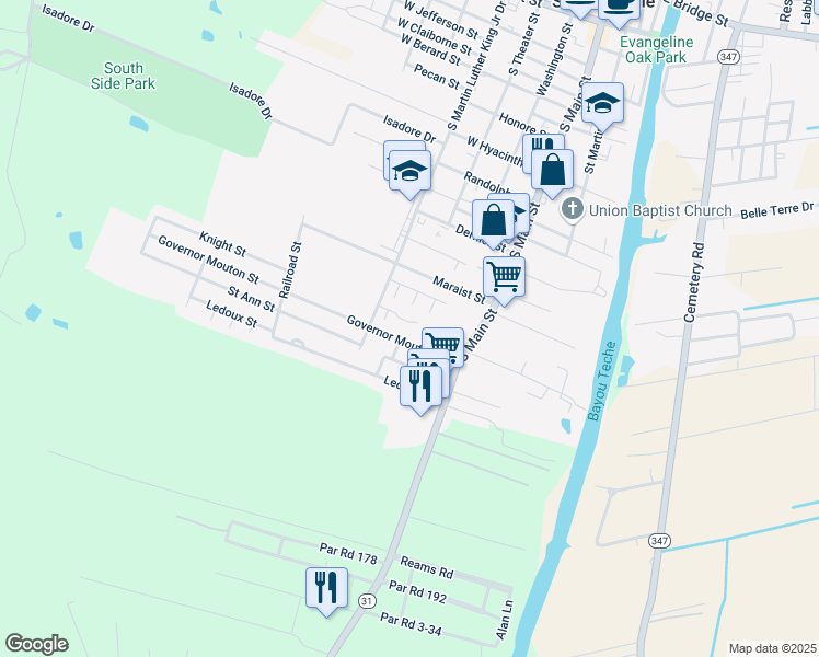 map of restaurants, bars, coffee shops, grocery stores, and more near 1405 South Martin Luther King Junior Drive in Saint Martinville
