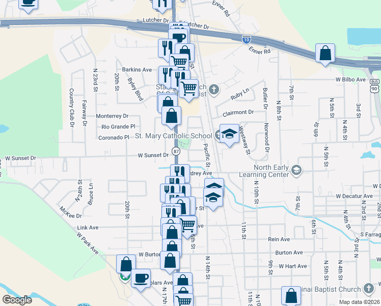 map of restaurants, bars, coffee shops, grocery stores, and more near 6 East Sunset Drive in Orange