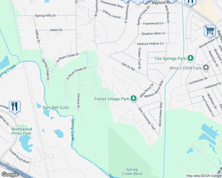map of restaurants, bars, coffee shops, grocery stores, and more near 29321 South Plum Creek Drive in Spring