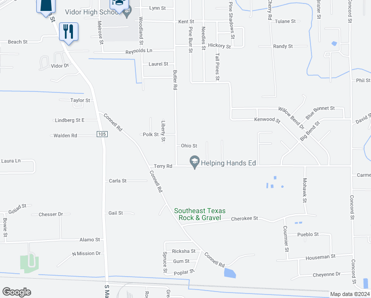 map of restaurants, bars, coffee shops, grocery stores, and more near 860 Ohio Street in Vidor