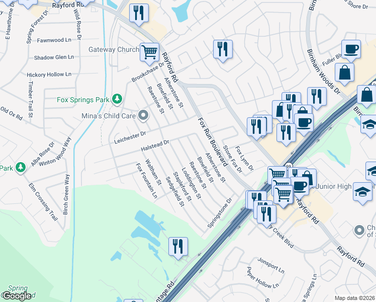 map of restaurants, bars, coffee shops, grocery stores, and more near 29203 Binefield Street in Spring