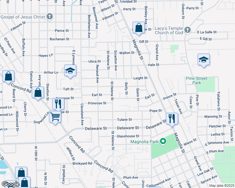 map of restaurants, bars, coffee shops, grocery stores, and more near 2029 Earl Street in Beaumont