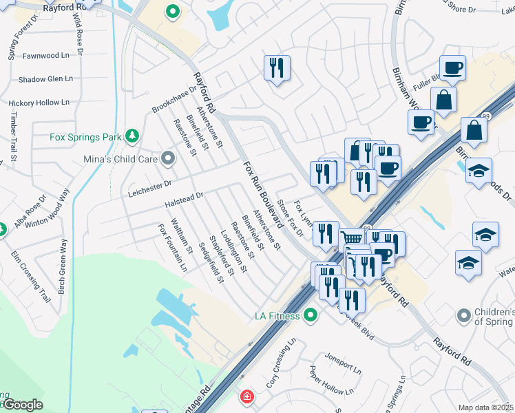 map of restaurants, bars, coffee shops, grocery stores, and more near 29102 Atherstone Street in Spring