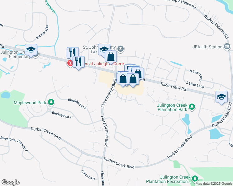 map of restaurants, bars, coffee shops, grocery stores, and more near 110 Southern Bridge Boulevard in Jacksonville
