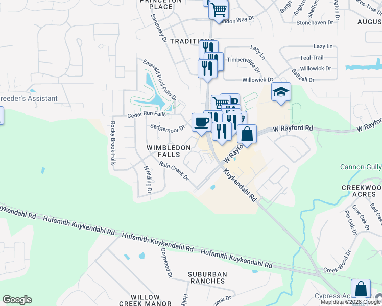 map of restaurants, bars, coffee shops, grocery stores, and more near 24225 Kuykendahl Road in Tomball