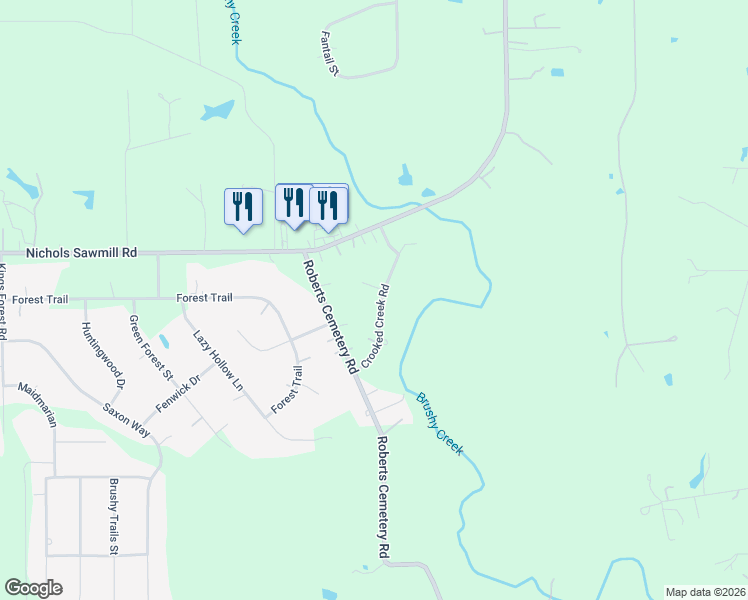 map of restaurants, bars, coffee shops, grocery stores, and more near 23503 Crooked Creek Road in Montgomery County