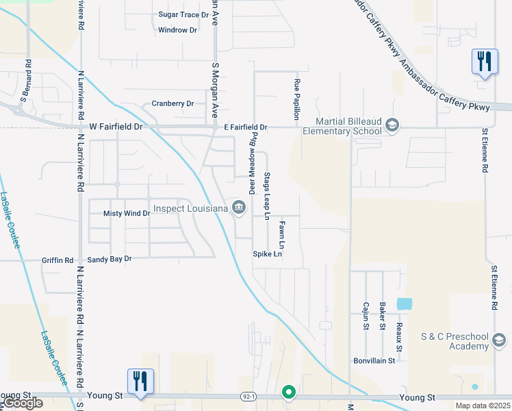 map of restaurants, bars, coffee shops, grocery stores, and more near 313 Deer Meadow Boulevard in Broussard