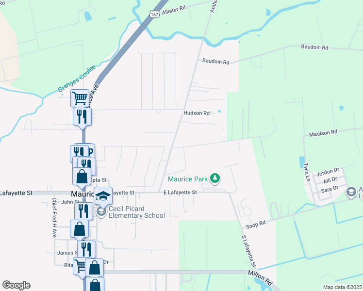 map of restaurants, bars, coffee shops, grocery stores, and more near 8533 Cat Road in Maurice