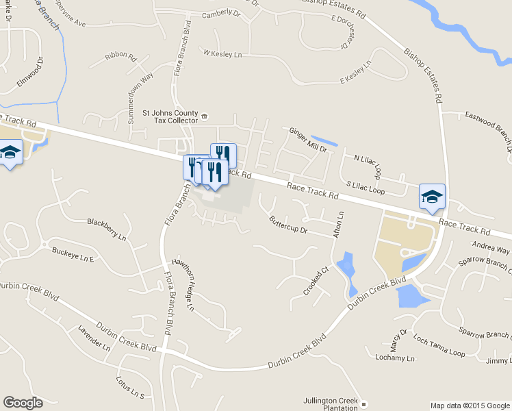 map of restaurants, bars, coffee shops, grocery stores, and more near 2770 Race Track Road in Fruit Cove