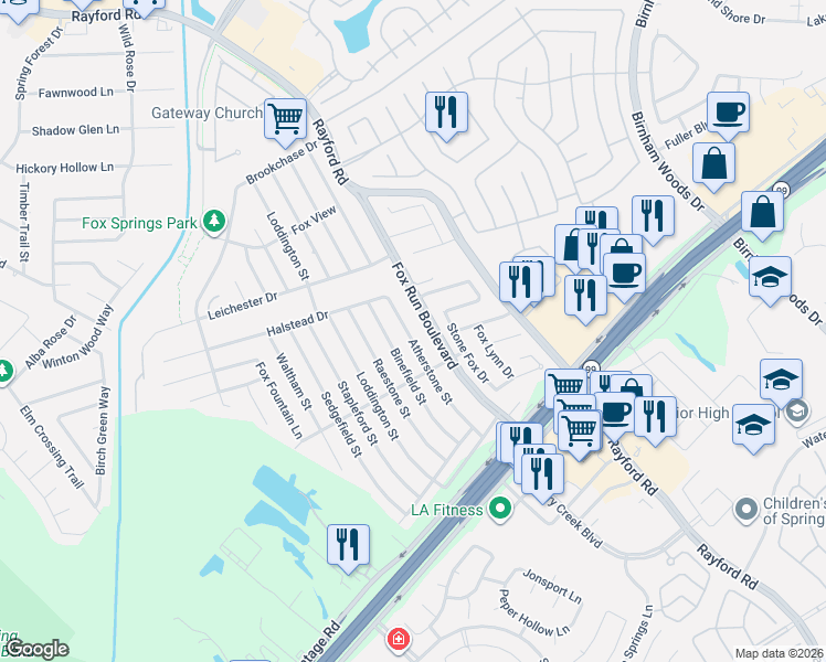 map of restaurants, bars, coffee shops, grocery stores, and more near 29106 Atherstone Street in Spring