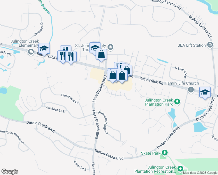 map of restaurants, bars, coffee shops, grocery stores, and more near 110 Southern Bridge Boulevard in Jacksonville