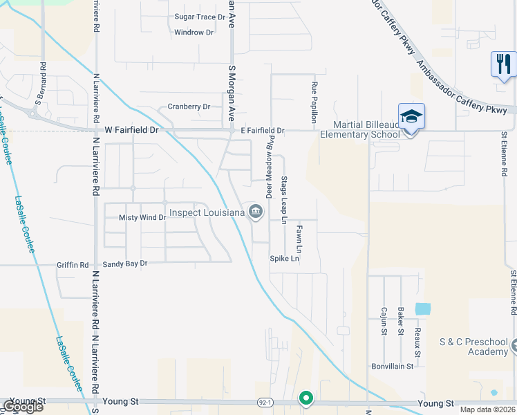 map of restaurants, bars, coffee shops, grocery stores, and more near 104 Tunica Bayou Rd in Broussard