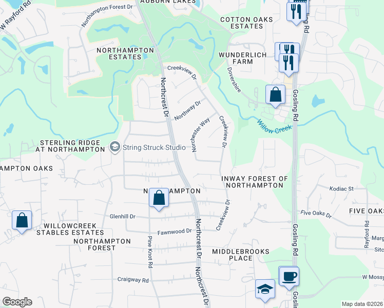 map of restaurants, bars, coffee shops, grocery stores, and more near 24111 Norchester Way in Spring