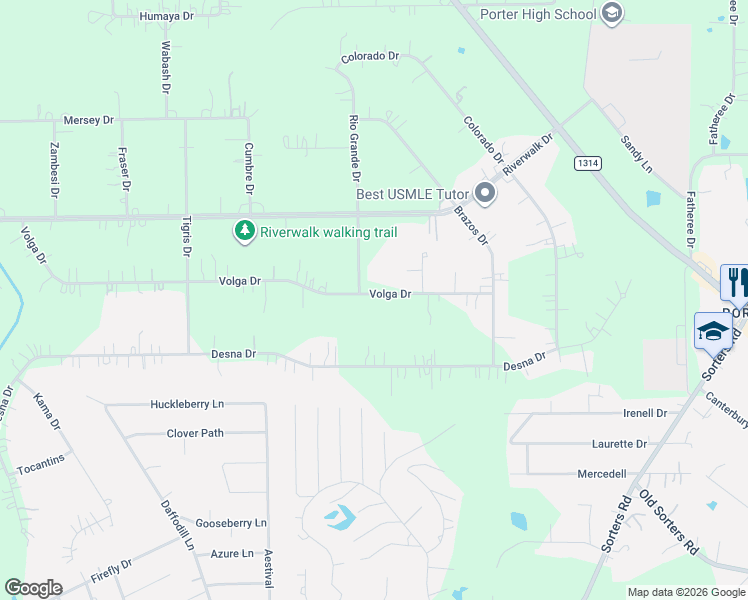 map of restaurants, bars, coffee shops, grocery stores, and more near 23088 Volga Drive in Porter