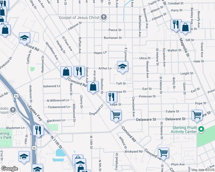 map of restaurants, bars, coffee shops, grocery stores, and more near 2435 Taft Street in Beaumont
