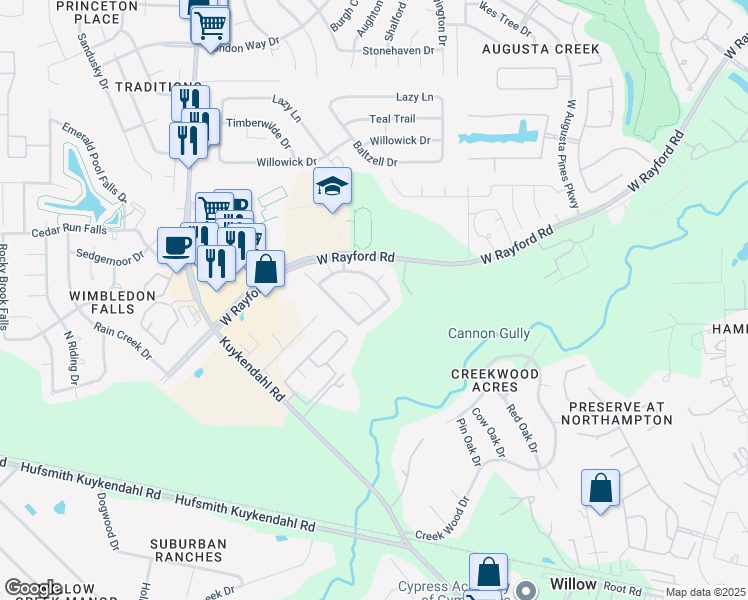 map of restaurants, bars, coffee shops, grocery stores, and more near 23906 Windsor Canyon Court in Spring