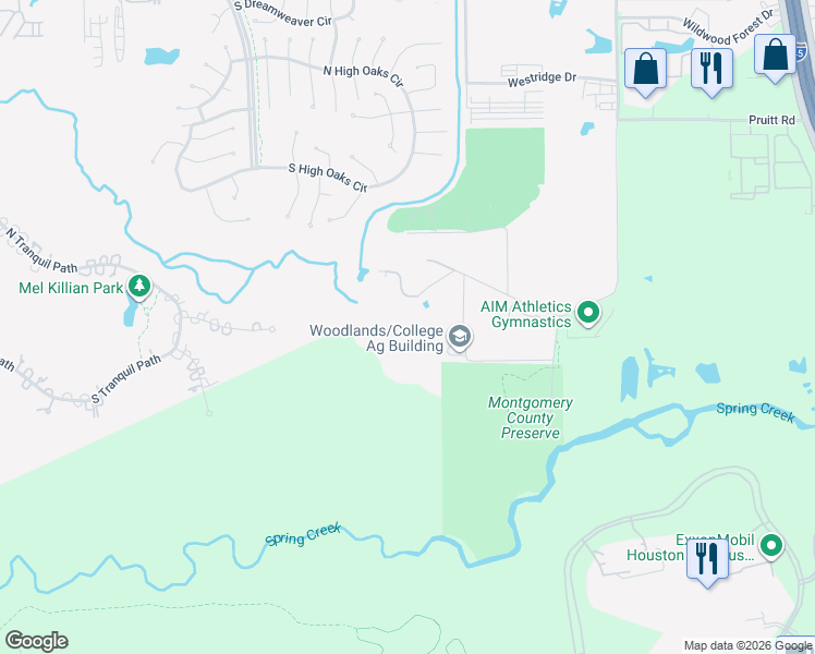 map of restaurants, bars, coffee shops, grocery stores, and more near 1237 Pruitt Road in Spring
