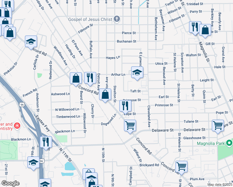 map of restaurants, bars, coffee shops, grocery stores, and more near 3620 Steelton Street in Beaumont