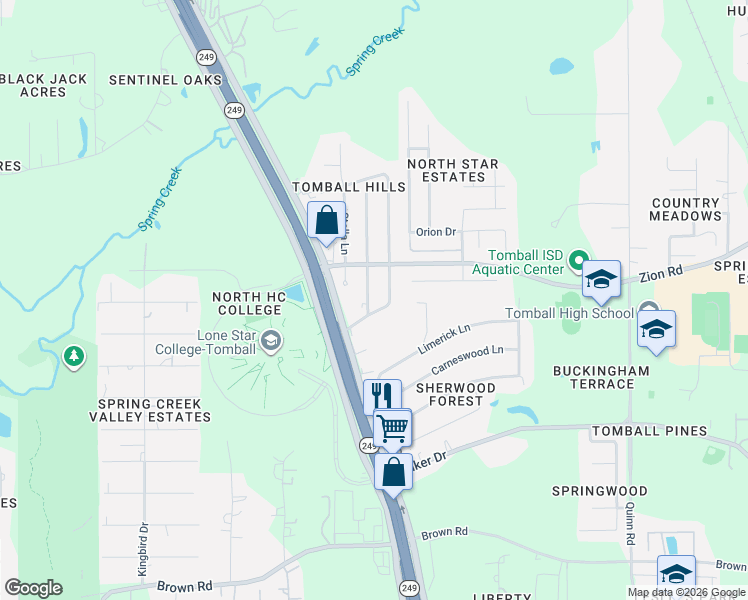 map of restaurants, bars, coffee shops, grocery stores, and more near 31110 Antonia Lane in Tomball