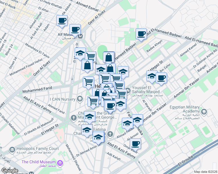 map of restaurants, bars, coffee shops, grocery stores, and more near  in Heliopolis