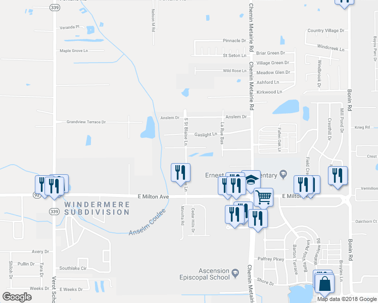 map of restaurants, bars, coffee shops, grocery stores, and more near 113 Rue Saint Barts in Youngsville