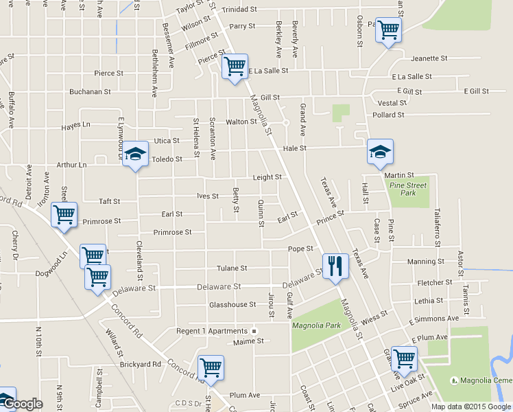 map of restaurants, bars, coffee shops, grocery stores, and more near 3435 Quinn Street in Beaumont