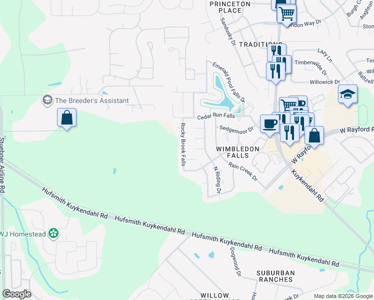 map of restaurants, bars, coffee shops, grocery stores, and more near 24134 Rocky Brook Falls in Tomball