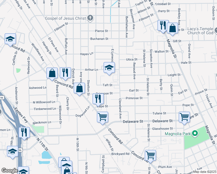 map of restaurants, bars, coffee shops, grocery stores, and more near 2335 Taft Street in Beaumont