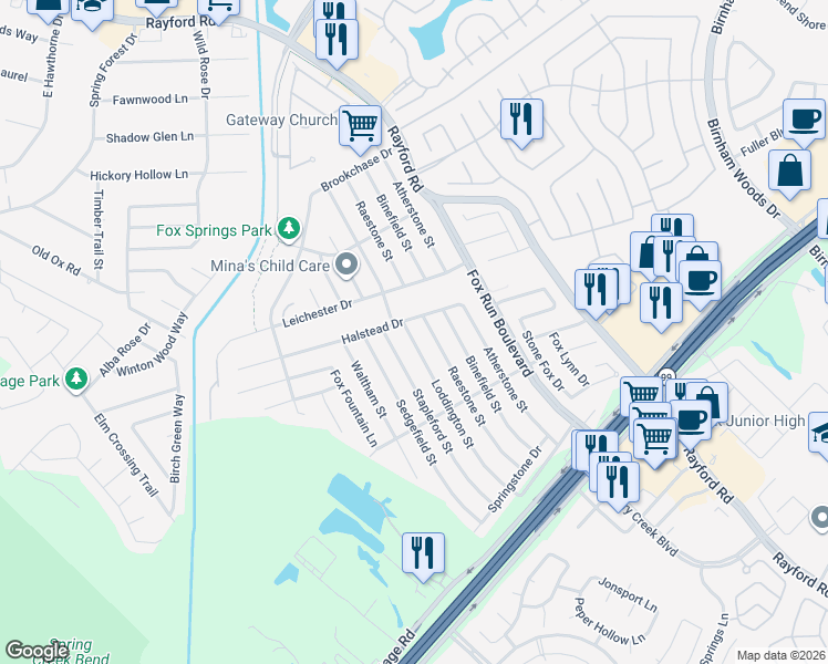 map of restaurants, bars, coffee shops, grocery stores, and more near 29214 Loddington Street in Spring